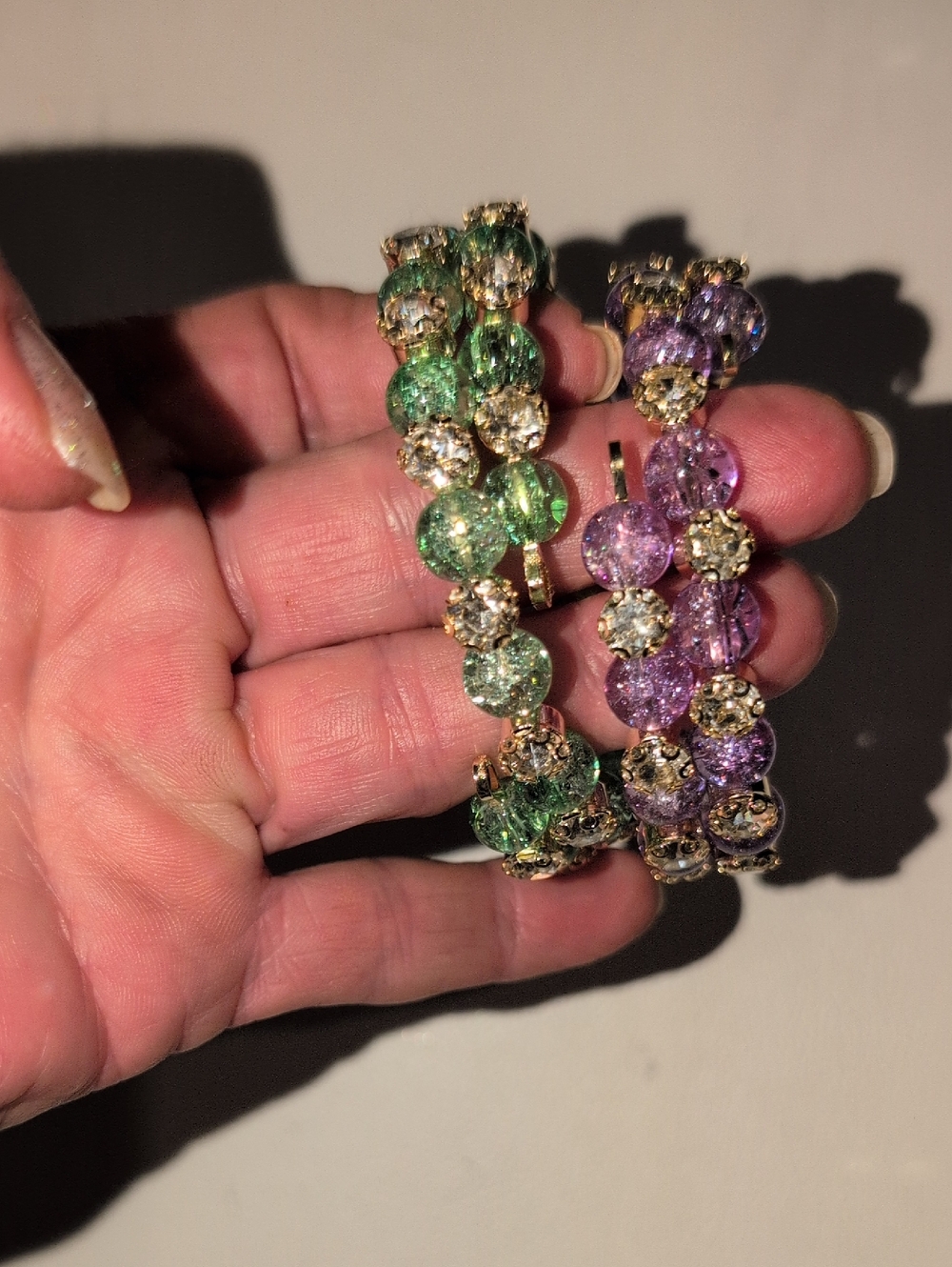 Gold-Tone Bracelet Set with Green and Purple Crystal Beads - New